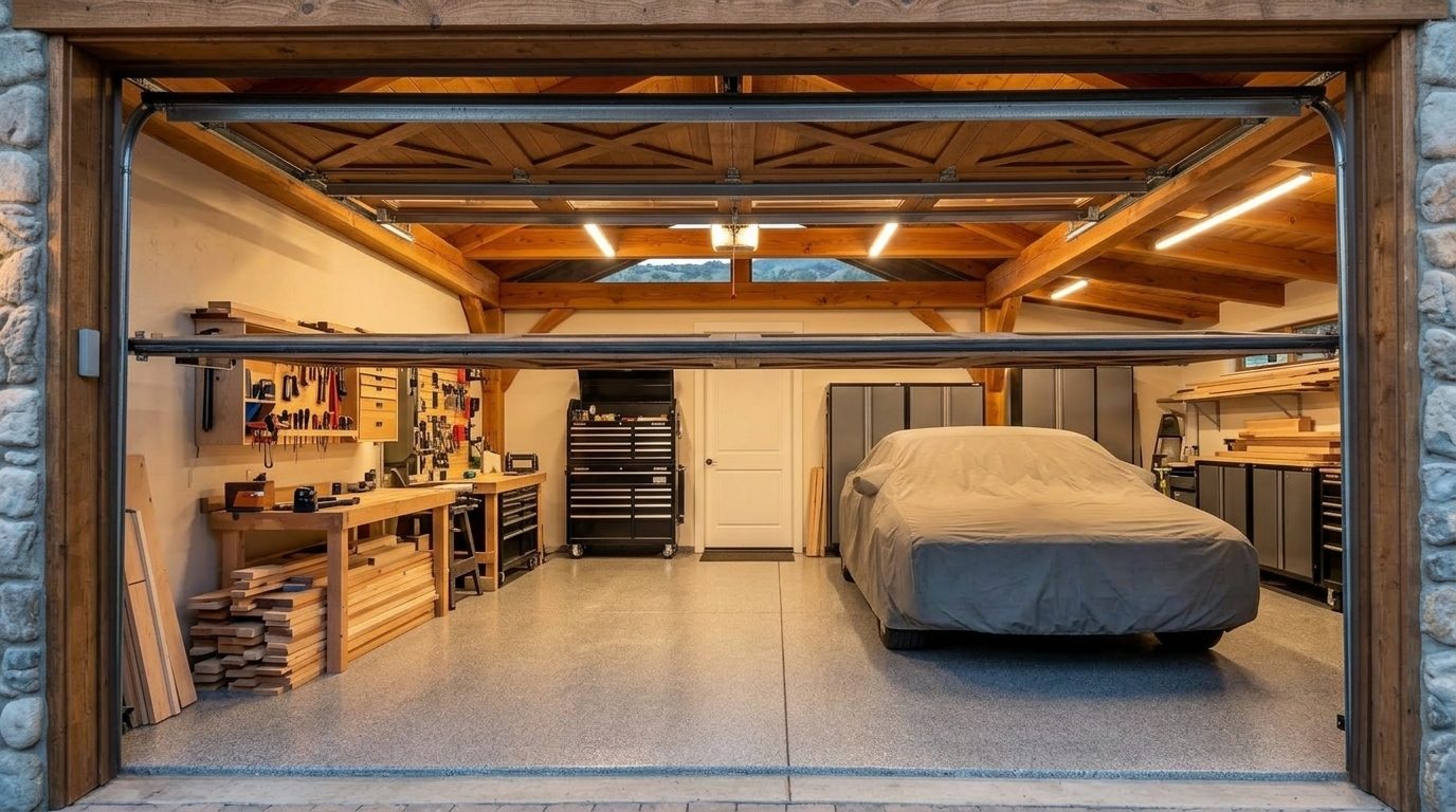 Hannah Griffin Overhead Garage Door Service Interior View of Custom Garage Door Overhead and Workshop